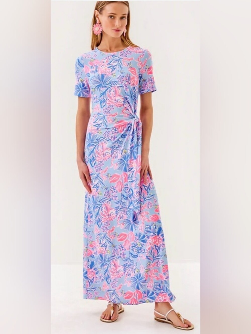 Lilly Pulitzer Chace Maxi Wrap Dress Elephant Splash Multi Pink Blue Yellow L